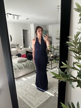 Navy Halter Lace-Detail Maxi Dress - Women's Evening Gown